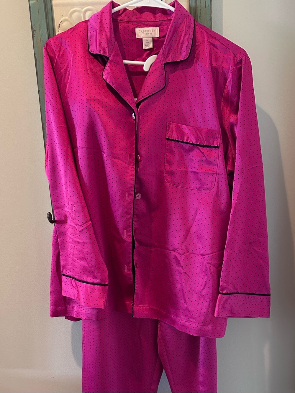 Cabernet Petites Fuschia Satin Womens Pajama Set with Black Piping Polka Dots